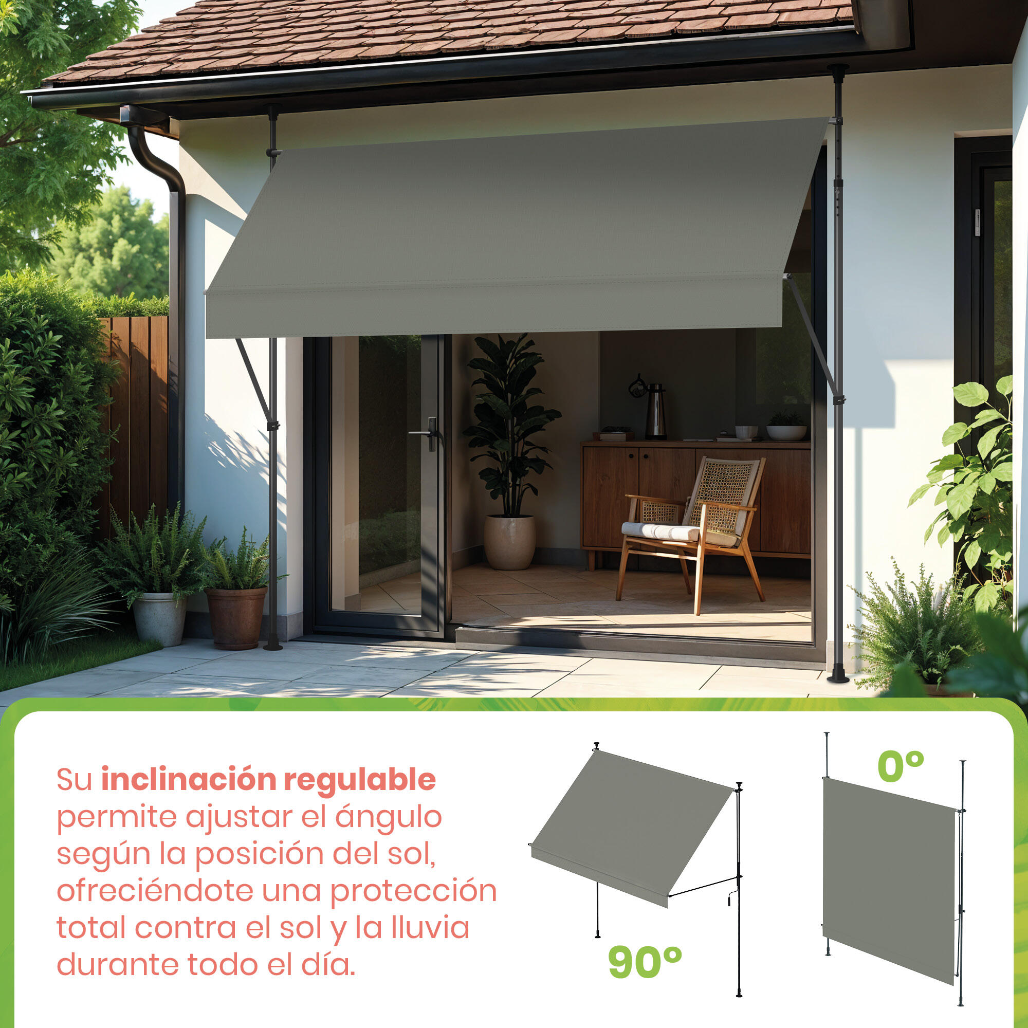 Toldo camping Ajustable sin Taladrar Cityline Gris - 3x1,2m - Protección UV 6/7