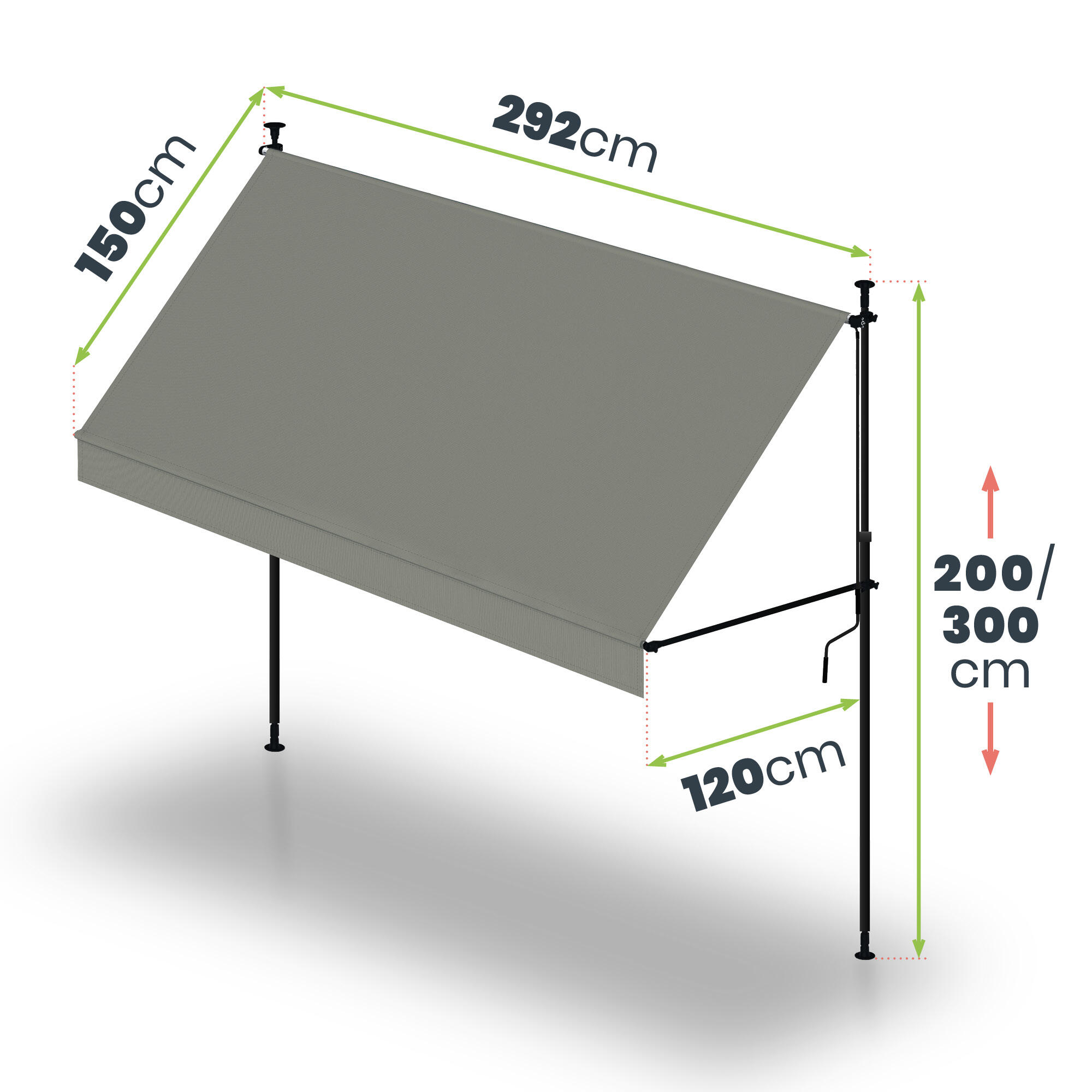 Toldo camping Ajustable sin Taladrar Cityline Gris - 3x1,2m - Protección UV 4/7