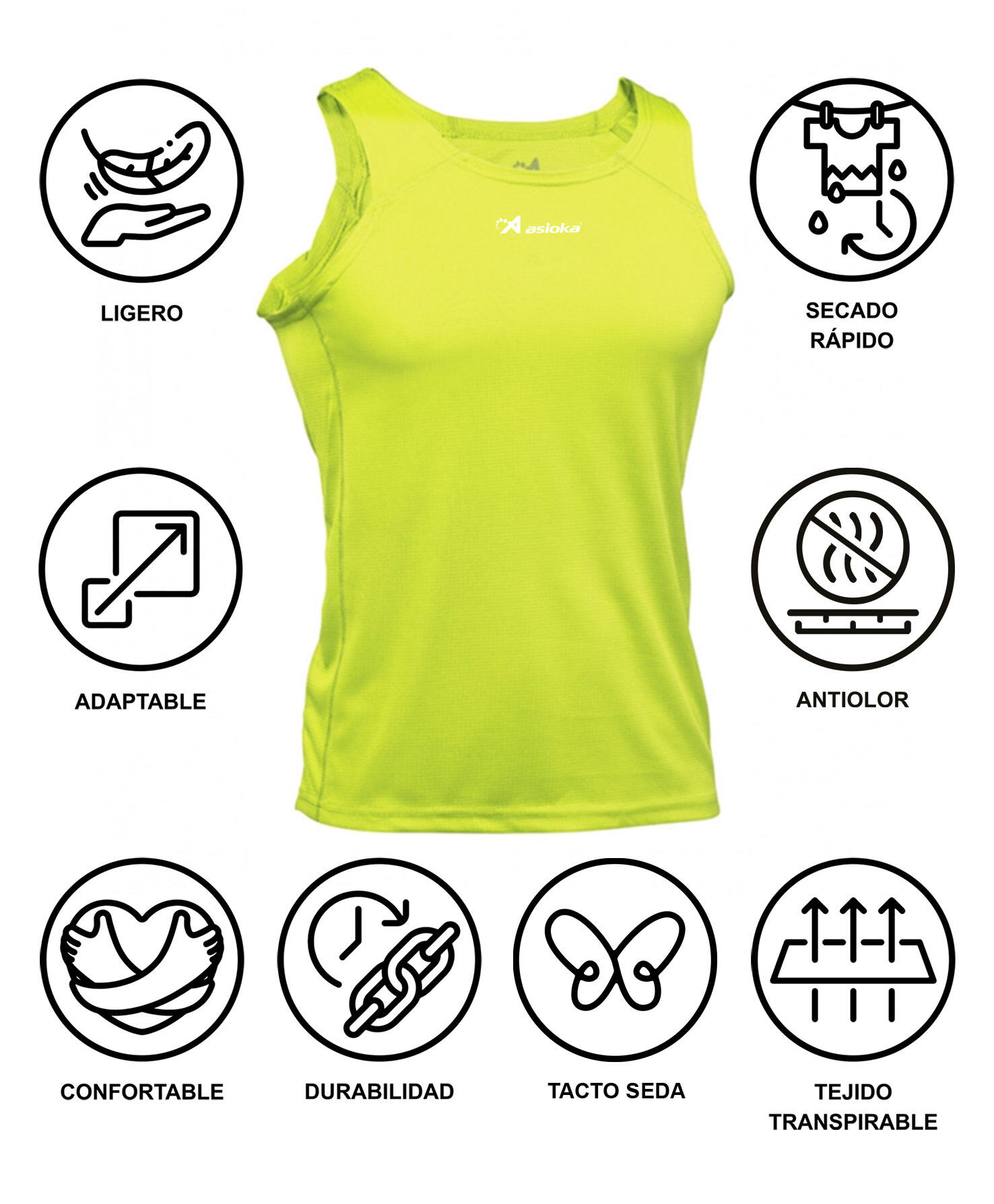 Camisola de corrida para homem sem mangas Asioka TIBER Amarelo Fluor. Respirável 7/7