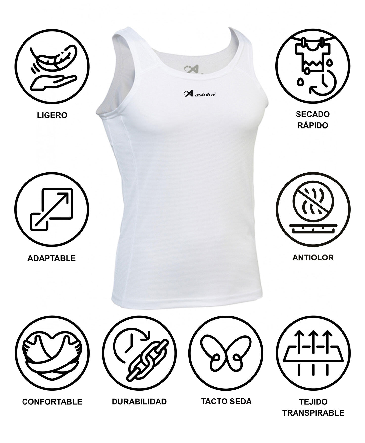 Camisola de corrida para homem sem mangas Asioka TIBER, branca. Respirável 6/7