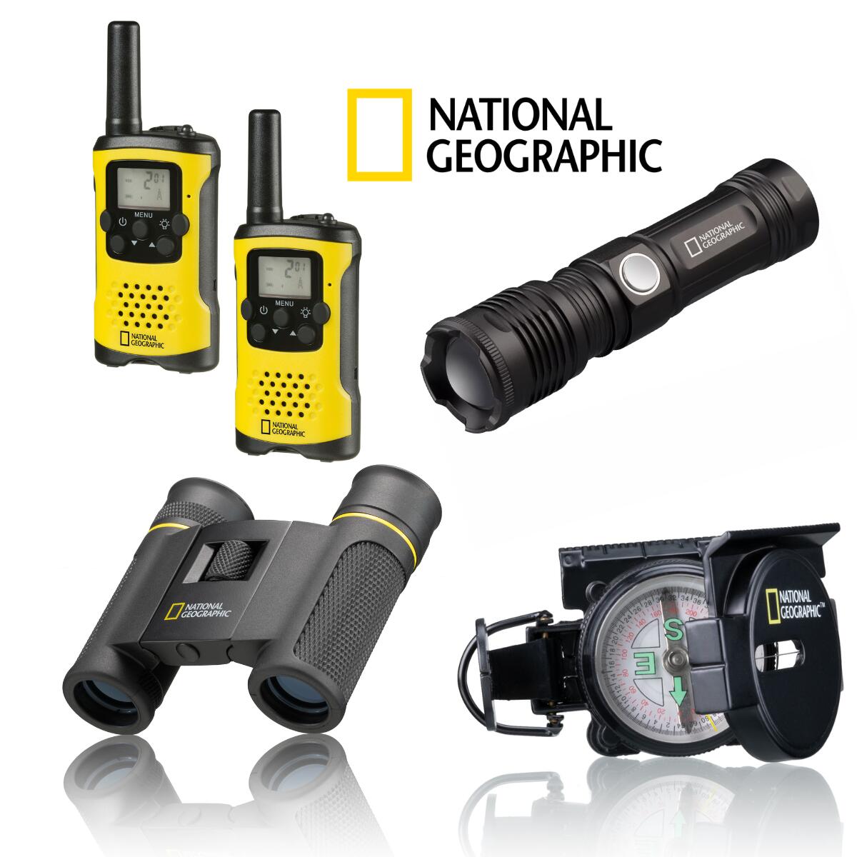NATIONAL GEOGRAPHIC KIT CAMPING/VERANO Incluye Prismático 8x21, Linterna, Walkie talkies y Brújula