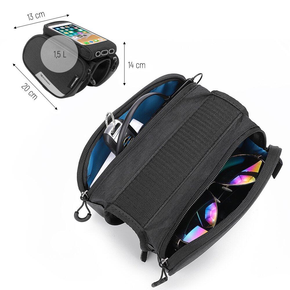 Schwarze Fahrradtasche mit abnehmbarer Hülle für Smartphones bis 6,5 Zoll, 1,5L 2/7