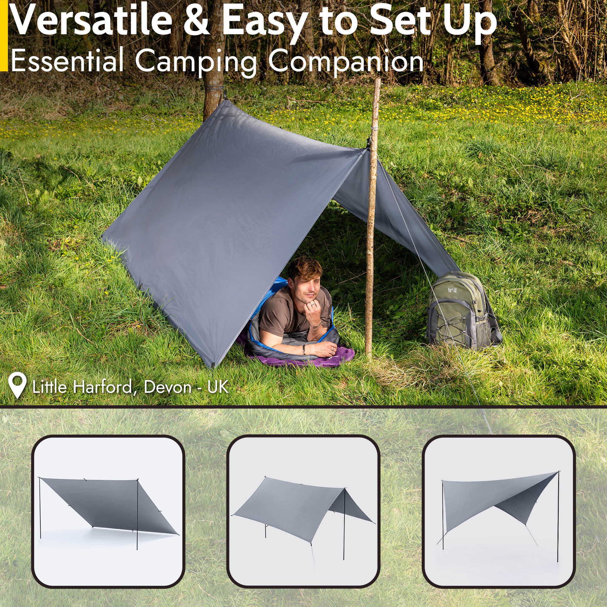 Poled Camping Tarp Hammock Rain Sun Shelter Waterproof UV Protection 3m x 3/4/5m 2/7