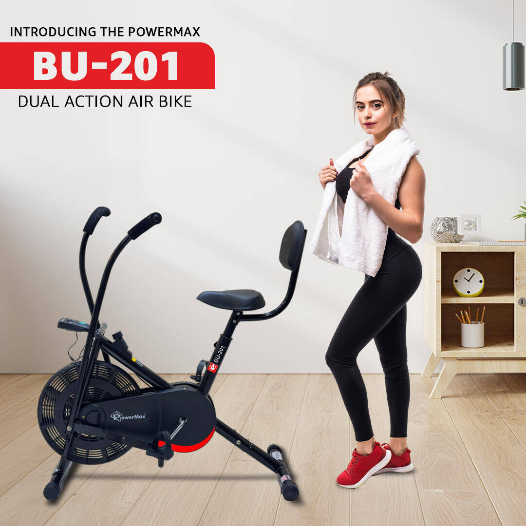 PowerMax Fitness BU-201 Dual Action Air Bike/Exercise Bike for Home |Gym Cycle for Workout With Adjustable Cushioned Seat | Non-Slip Pedals | Moving Handles Black Gym Bike, Max user weight 120 KG -  2