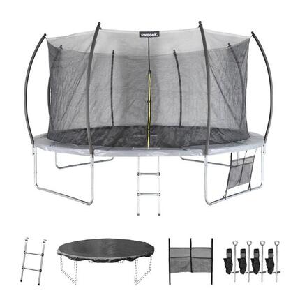 Trampoline rond 430cm gris avec filet de protection intérieur et accessoires -