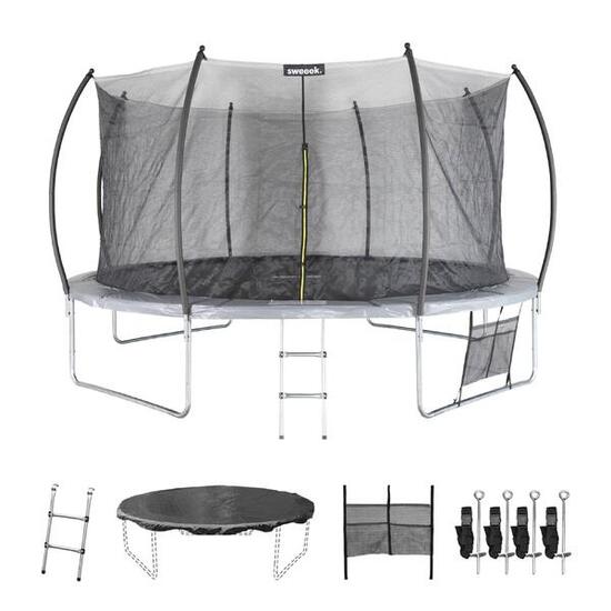 Trampoline rond 430cm gris avec filet de protection intérieur et accessoires -