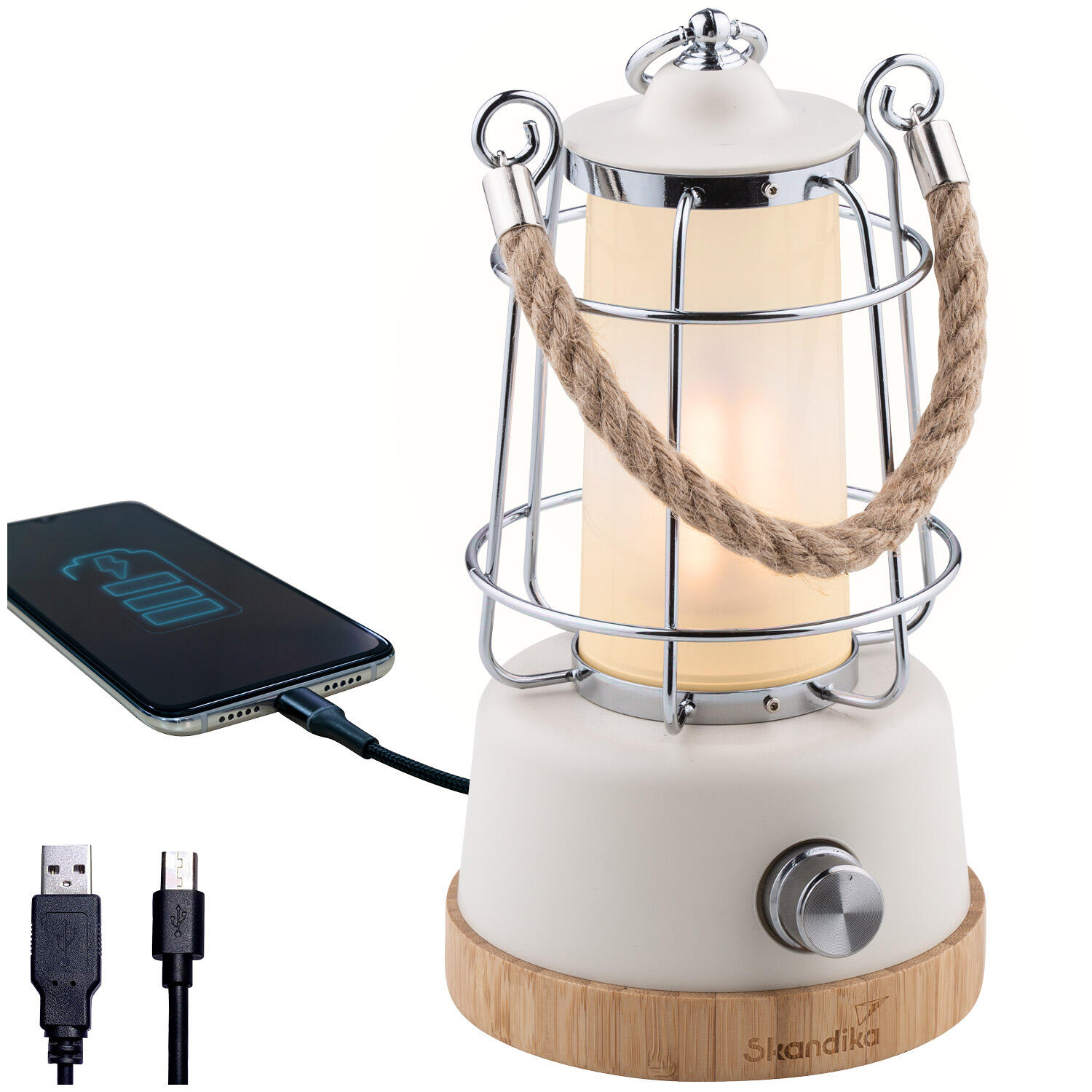 Skandika - Lampe Lanterne De Camping Led Kiruna - Rechargeable - Usb - Bambou - Style Rétro - Lampe - Blanc - Taille Unique - Decathlon