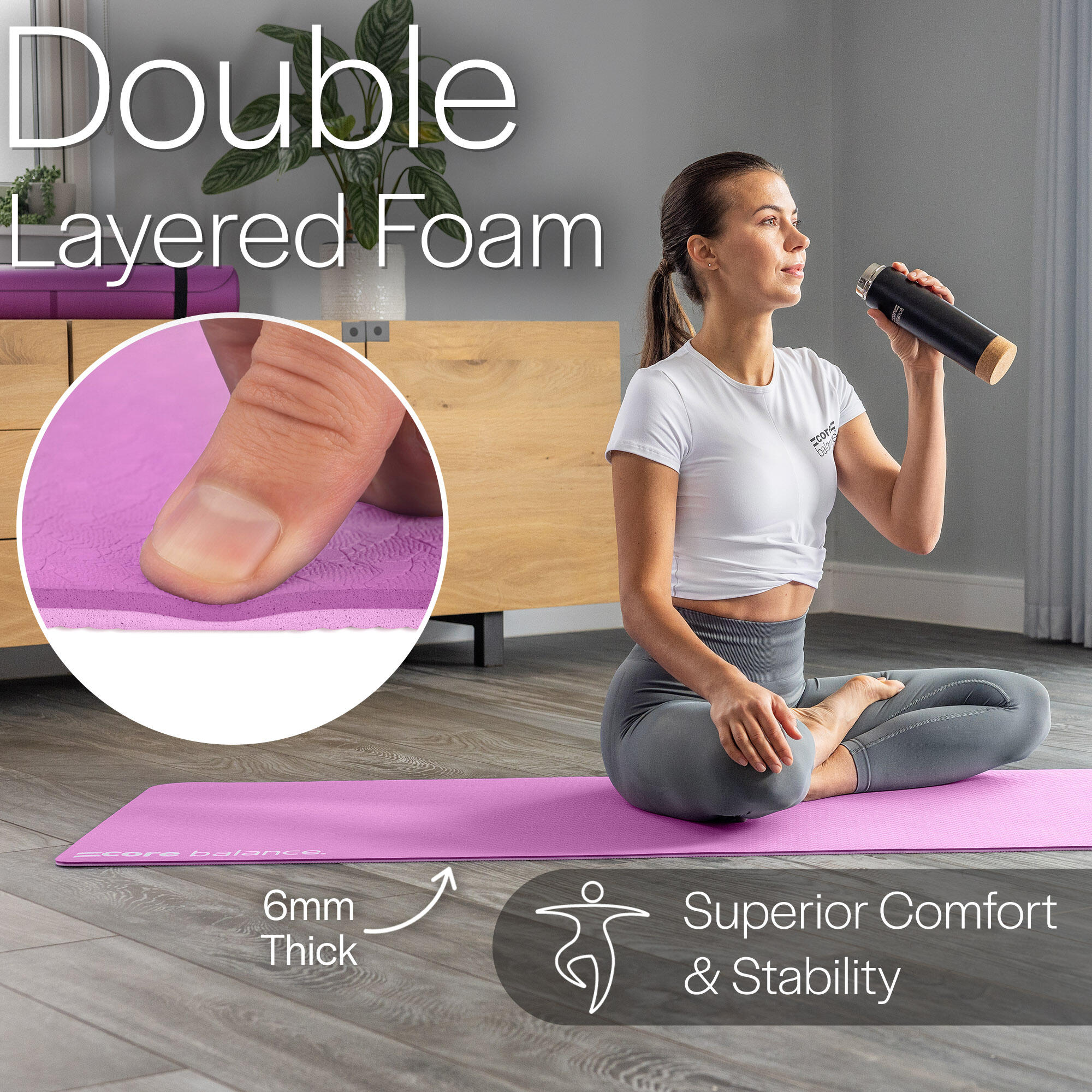 Yoga Exercise Mat 6mm TPE Foam With Carry Strap Core Balance