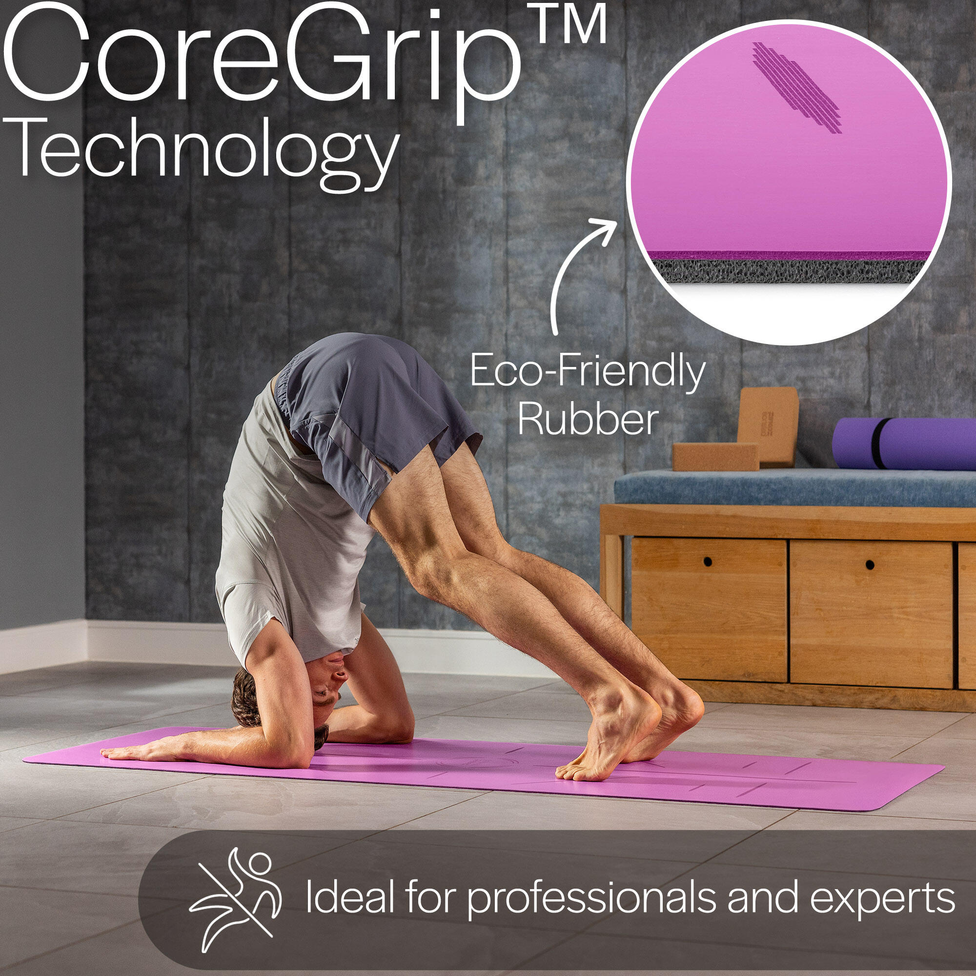 Rubber Yoga Mat With Body Alignment Lines Non Slip Extra Wide Core Balance 3/6
