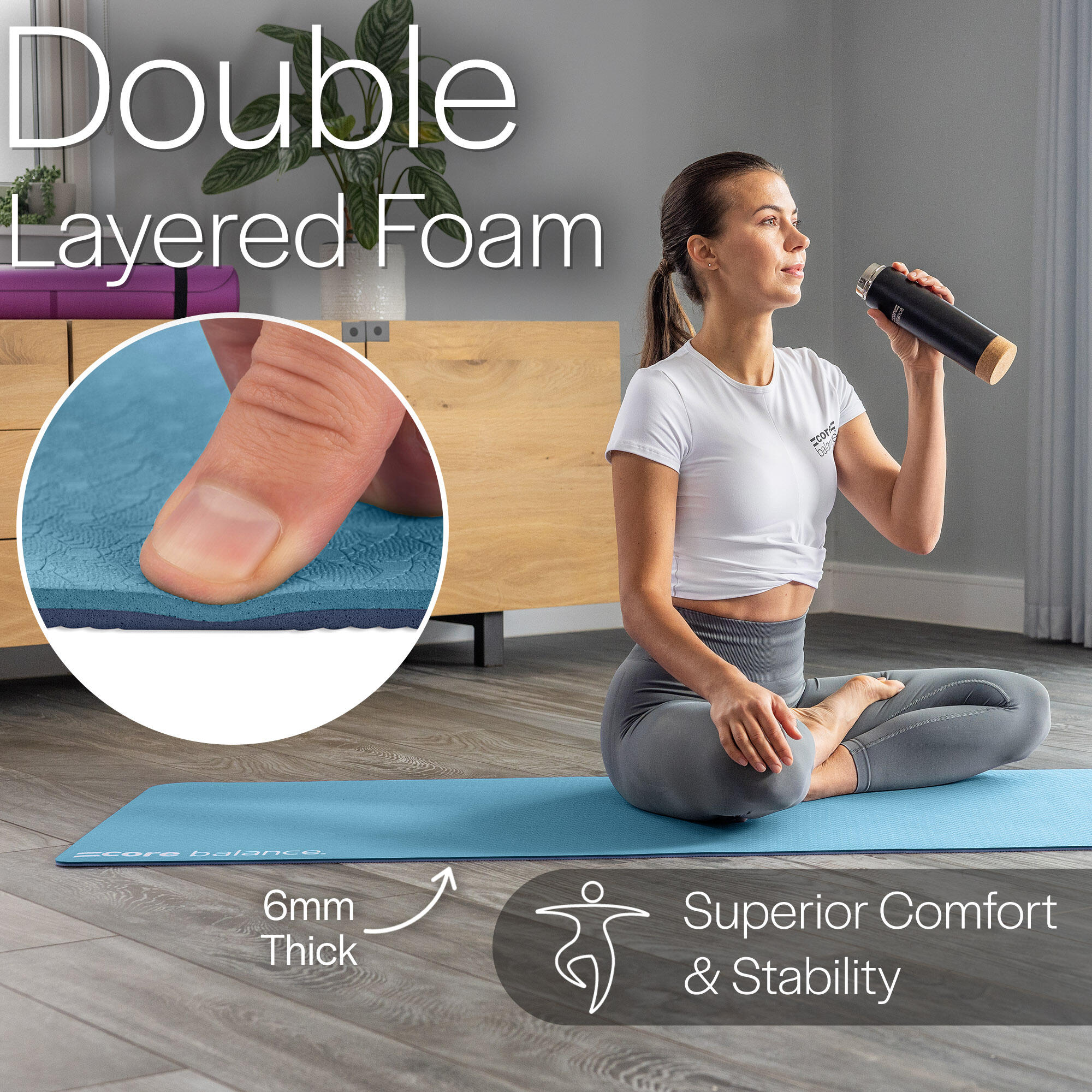 Yoga Exercise Mat 6mm TPE Foam With Carry Strap Core Balance Fitness 4/6