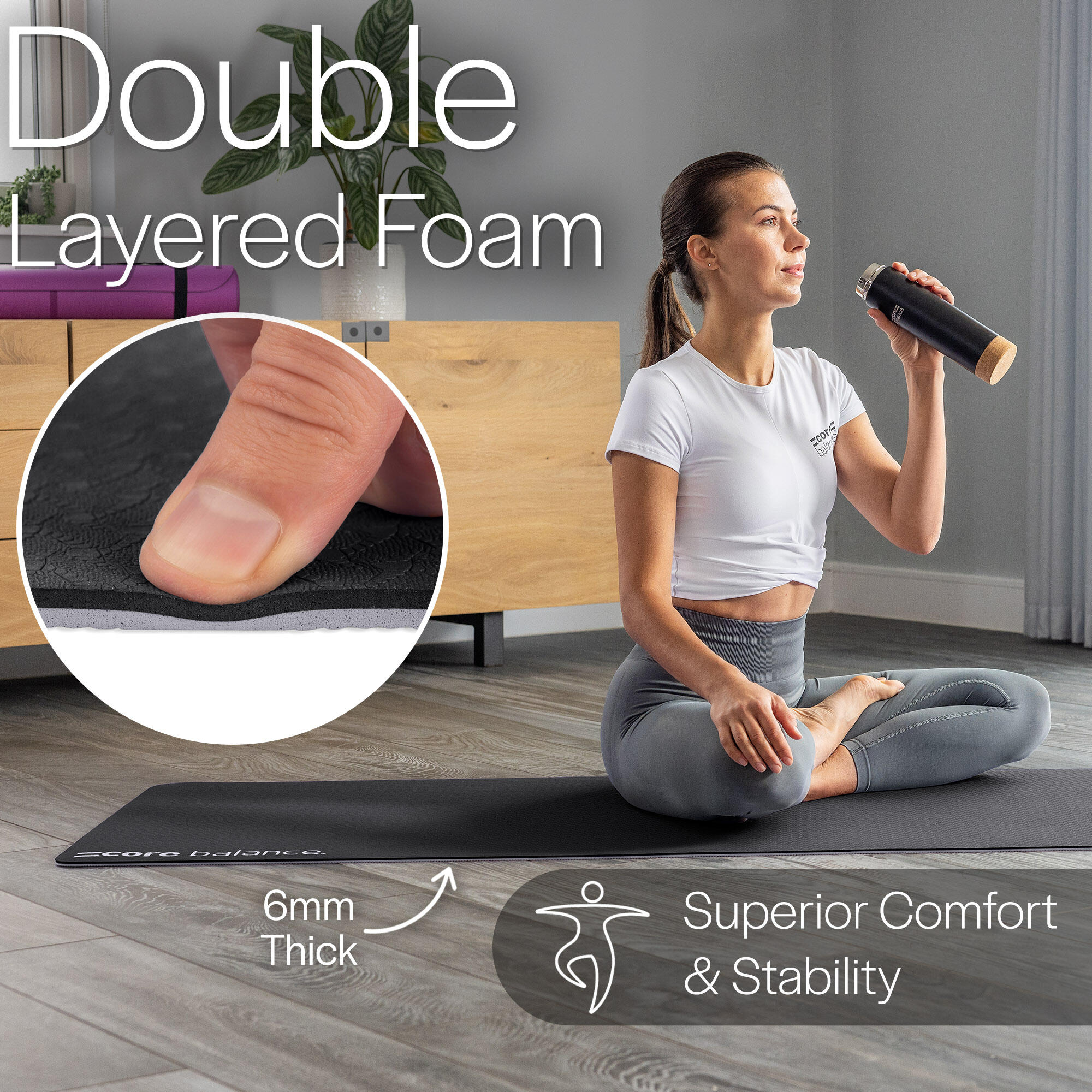 Yoga Exercise Mat 6mm TPE Foam With Carry Strap Core Balance Fitness 4/6