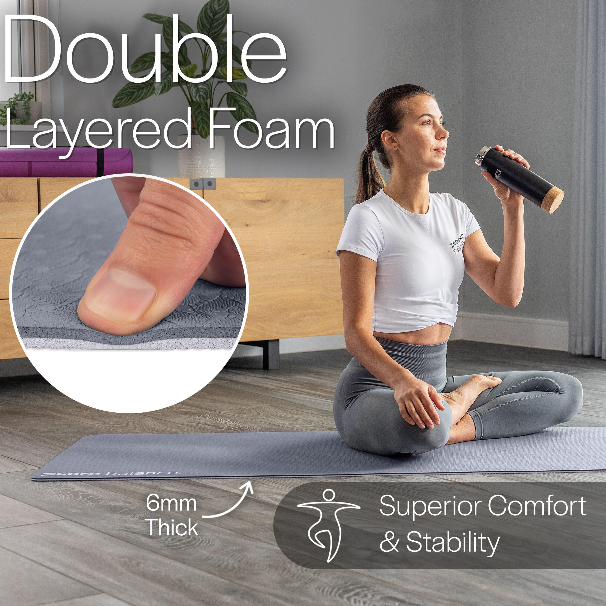 Yoga Exercise Mat 6mm TPE Foam With Carry Strap Core Balance Fitness 4/6
