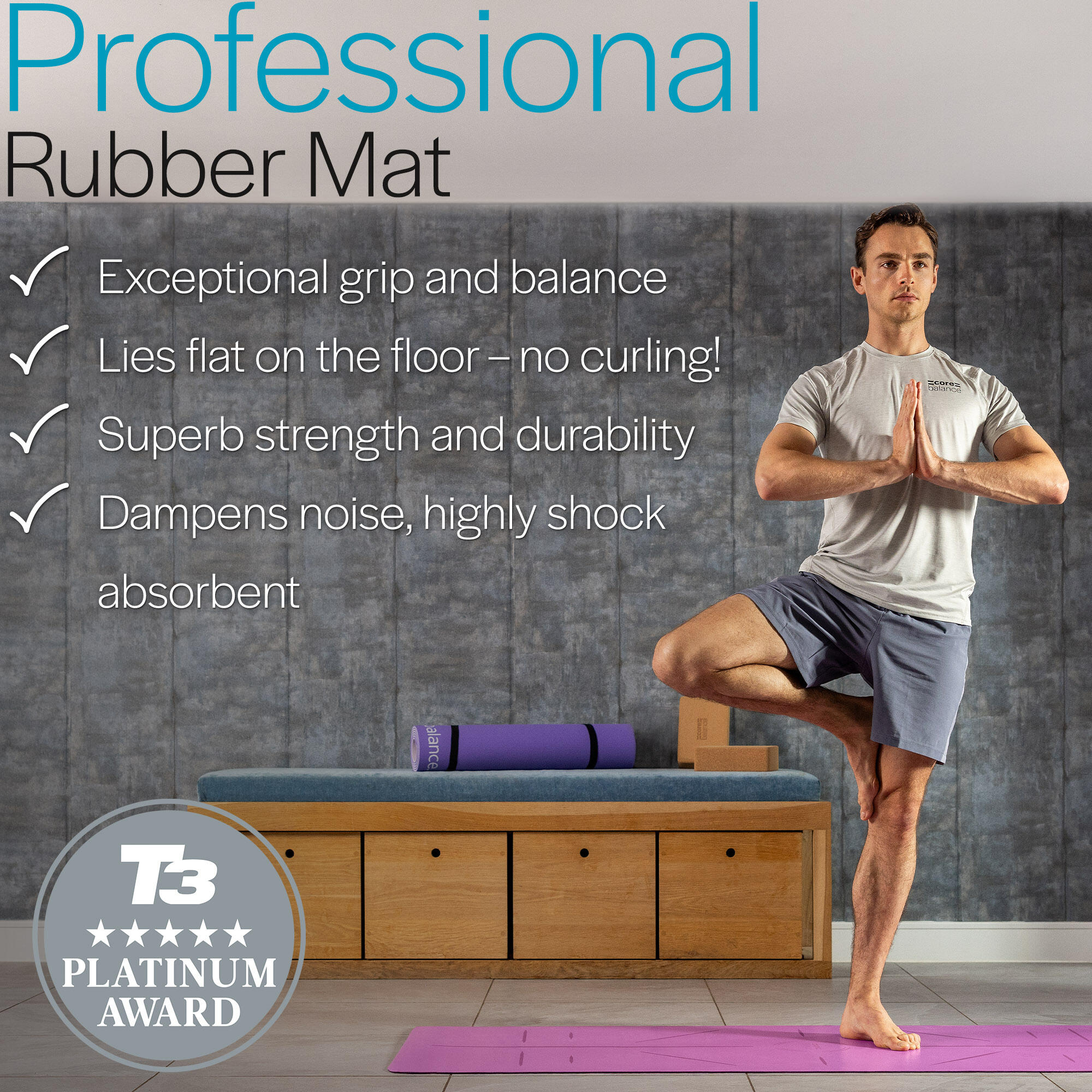 Rubber Yoga Mat With Body Alignment Lines Non Slip Extra Wide Core Balance 2/6