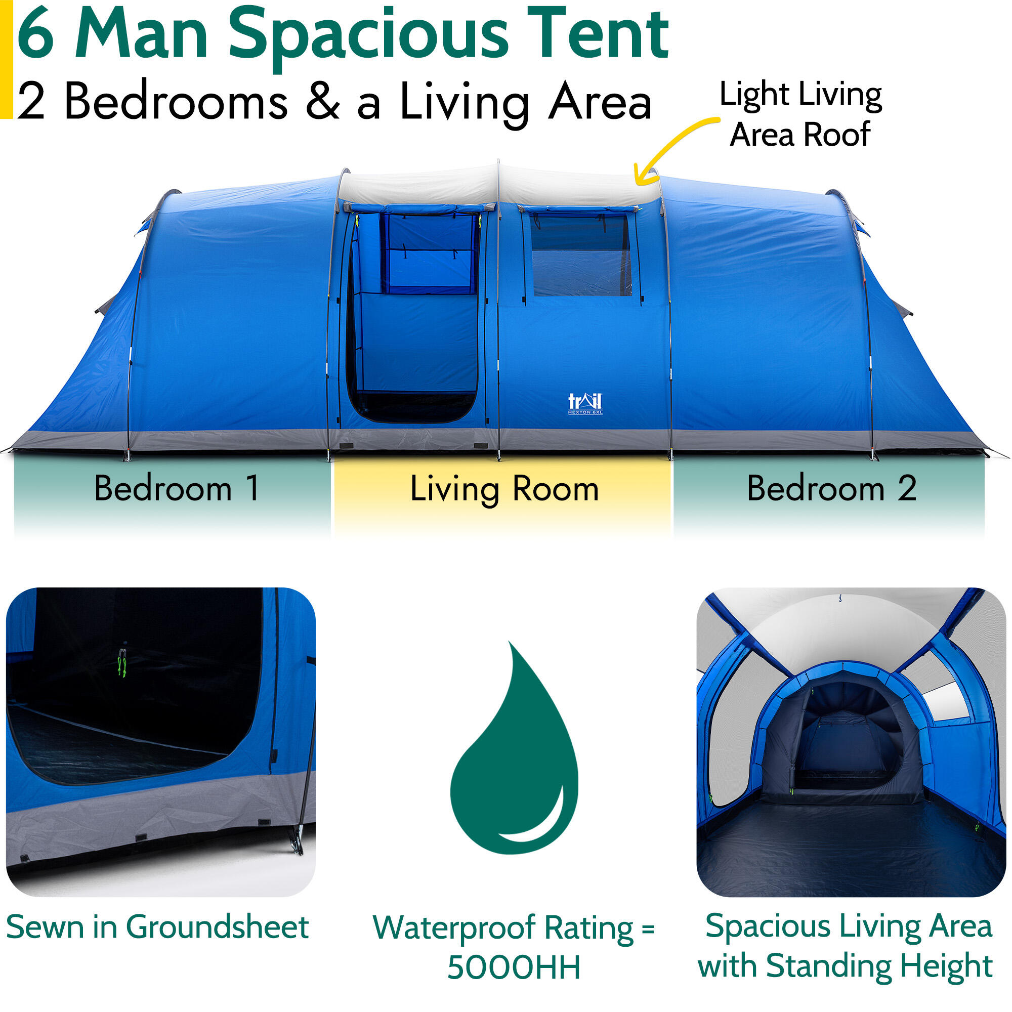 Large Tunnel Tent 6 Man 2 Bedroom Family Camping Waterproof Sewn In Groundsheet 4/6