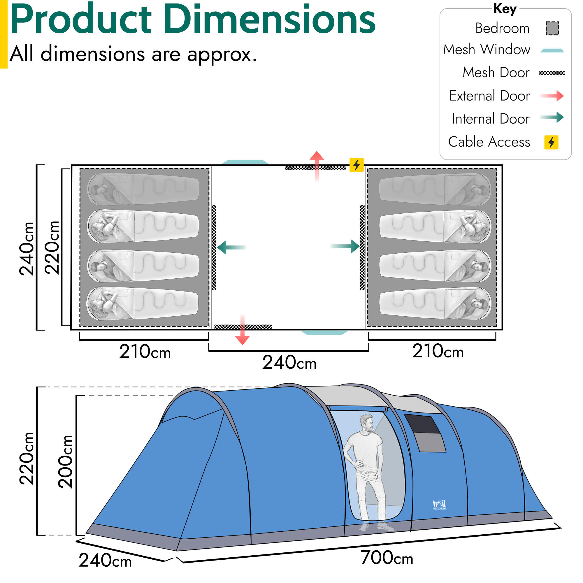 Large Tunnel Tent 6 Man 2 Bedroom Family Camping Waterproof Sewn In Groundsheet 6/6