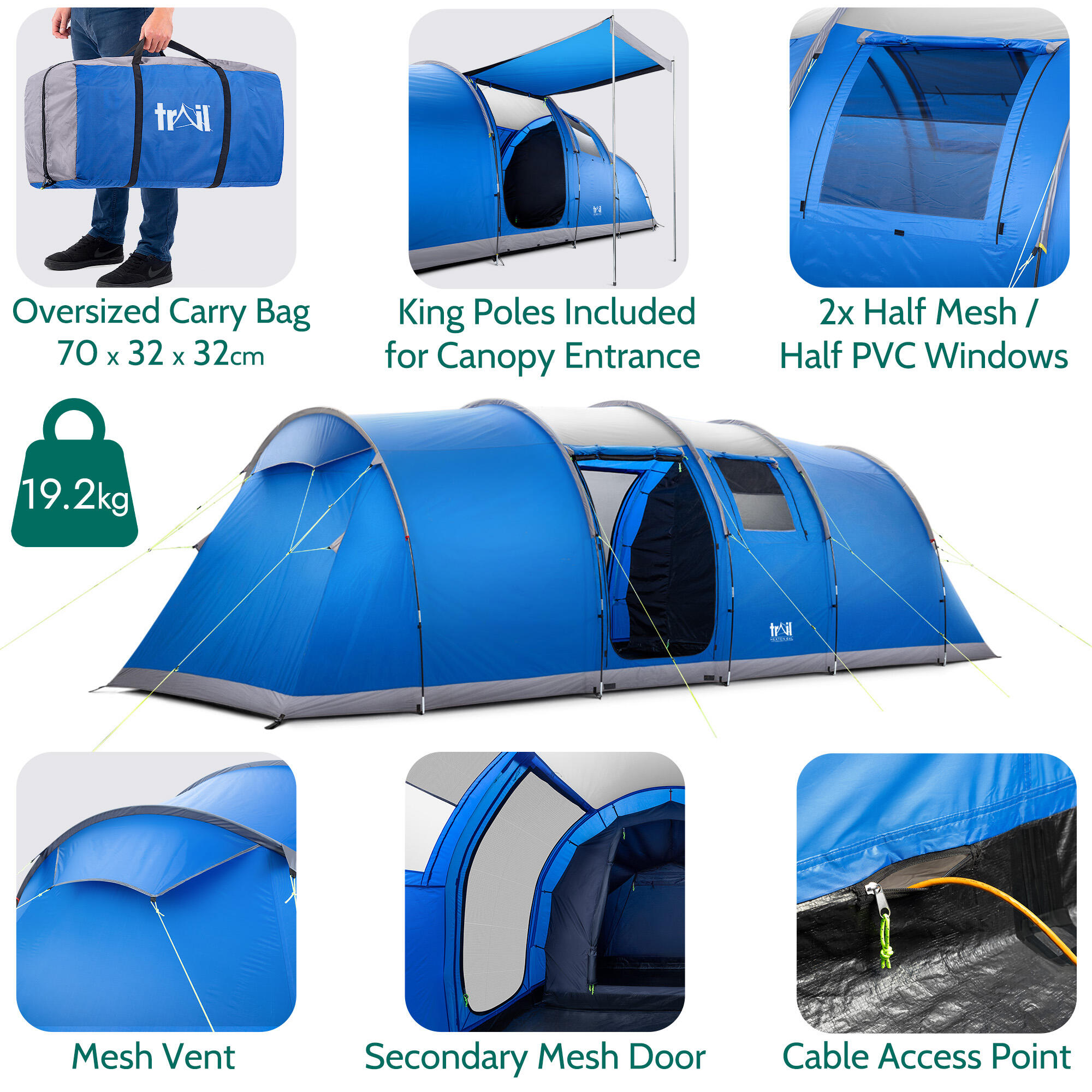 Large Tunnel Tent 6 Man 2 Bedroom Family Camping Waterproof Sewn In Groundsheet 5/6