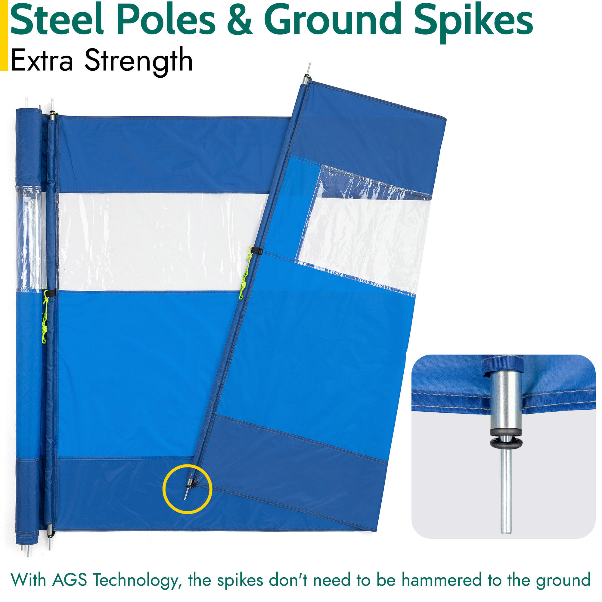 Trail 4 Pole Windbreak Steel Spike Windbreaker with PVC Window 5m x 1.4m 4/7
