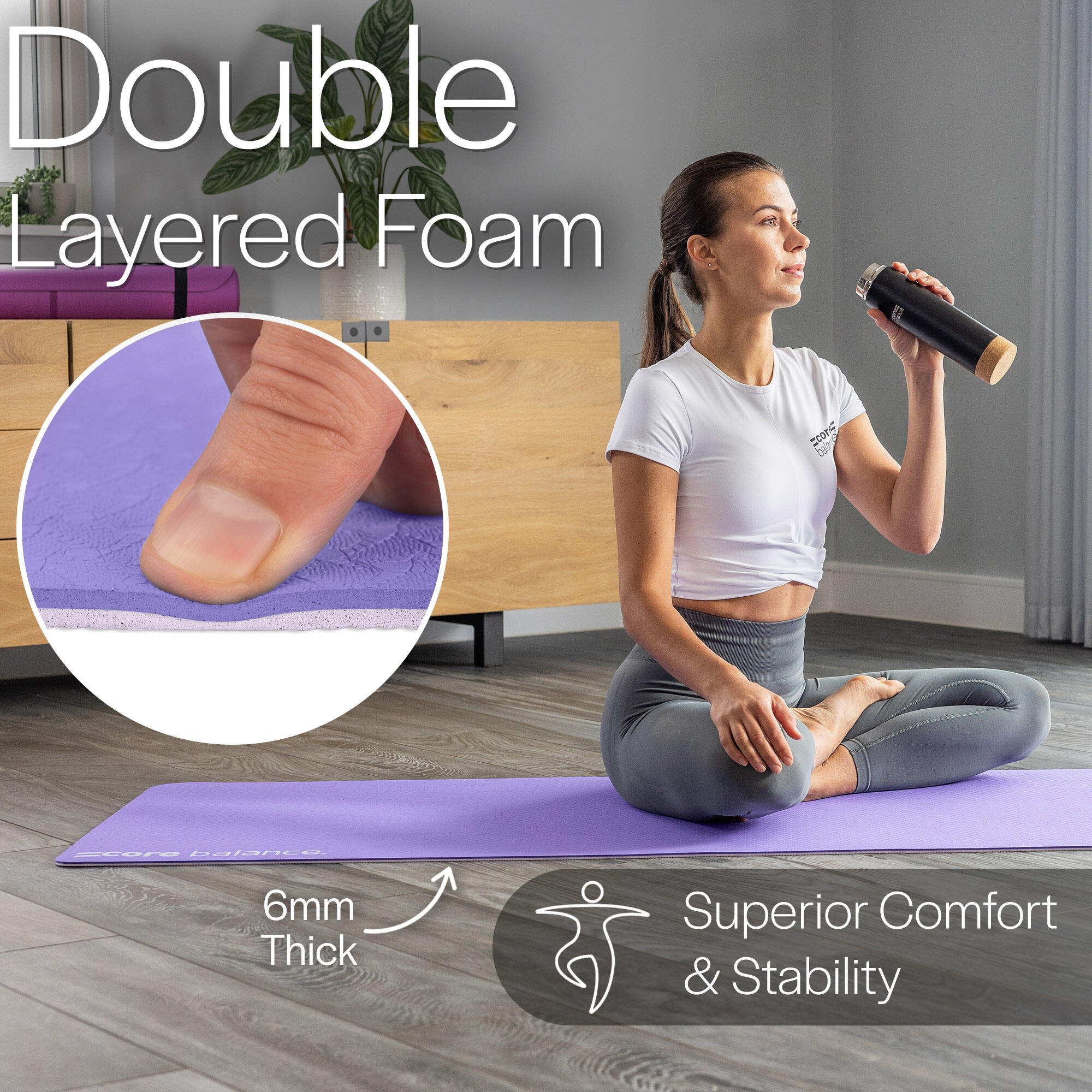 Yoga Exercise Mat 6mm TPE Foam With Carry Strap Core Balance Fitness 4/6