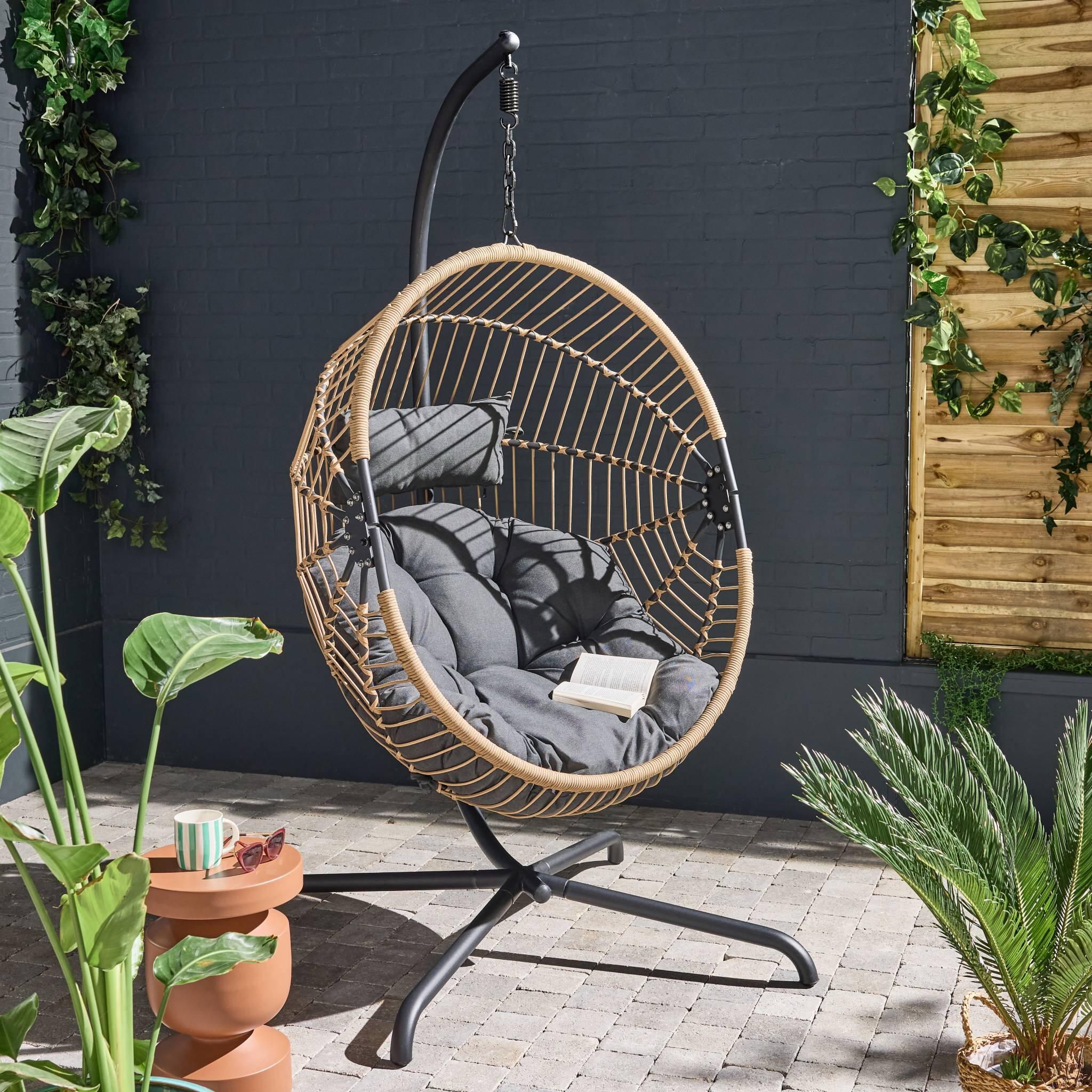 Sillón colgante de jardín tipo huevo de acero y poliéster, Beige 2/5