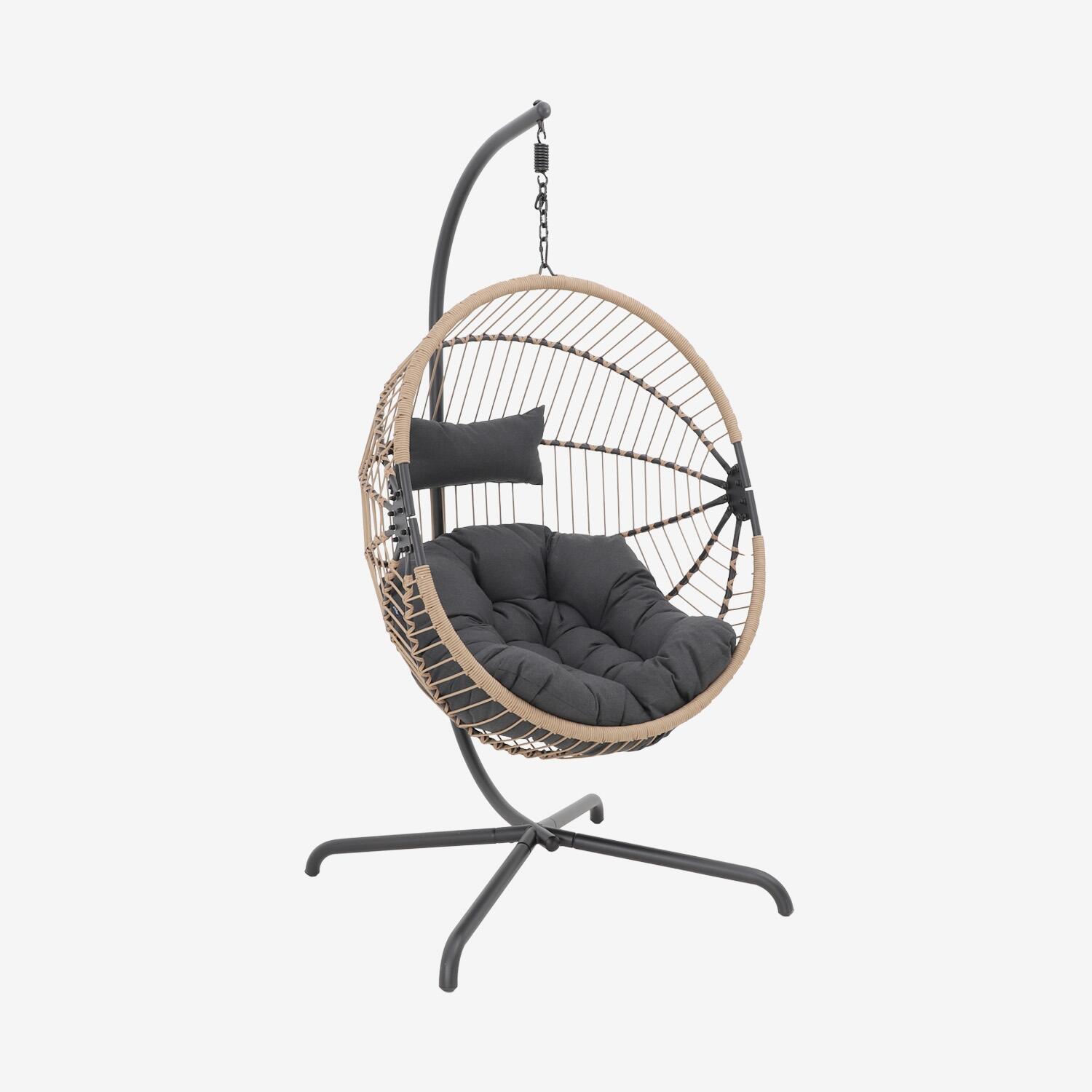 Sillón colgante de jardín tipo huevo de acero y poliéster, Beige 1/5