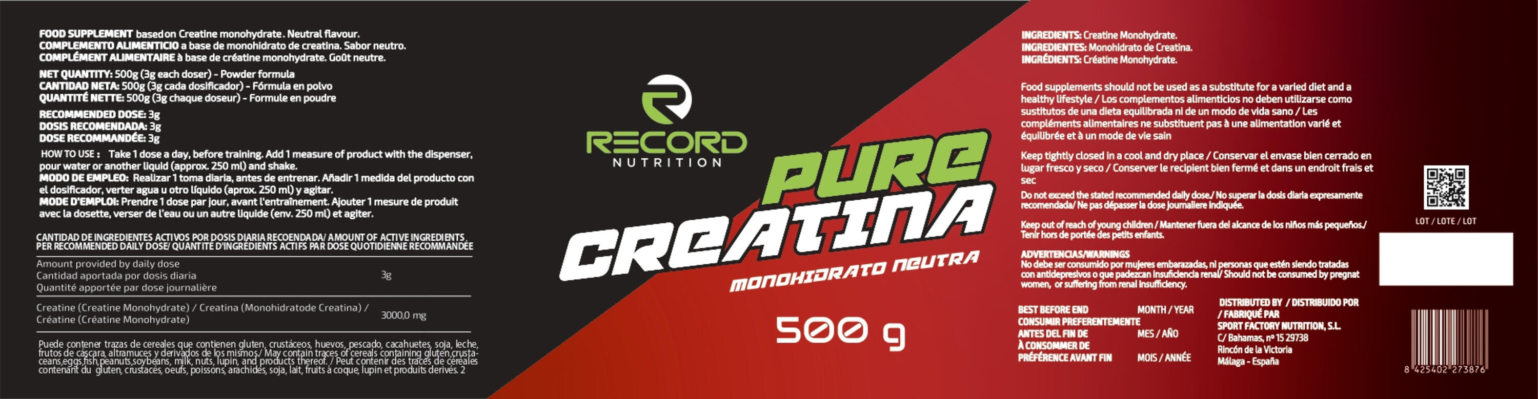 Pure Creatina Monohidratada Sabor Neutro 500 g 3/3