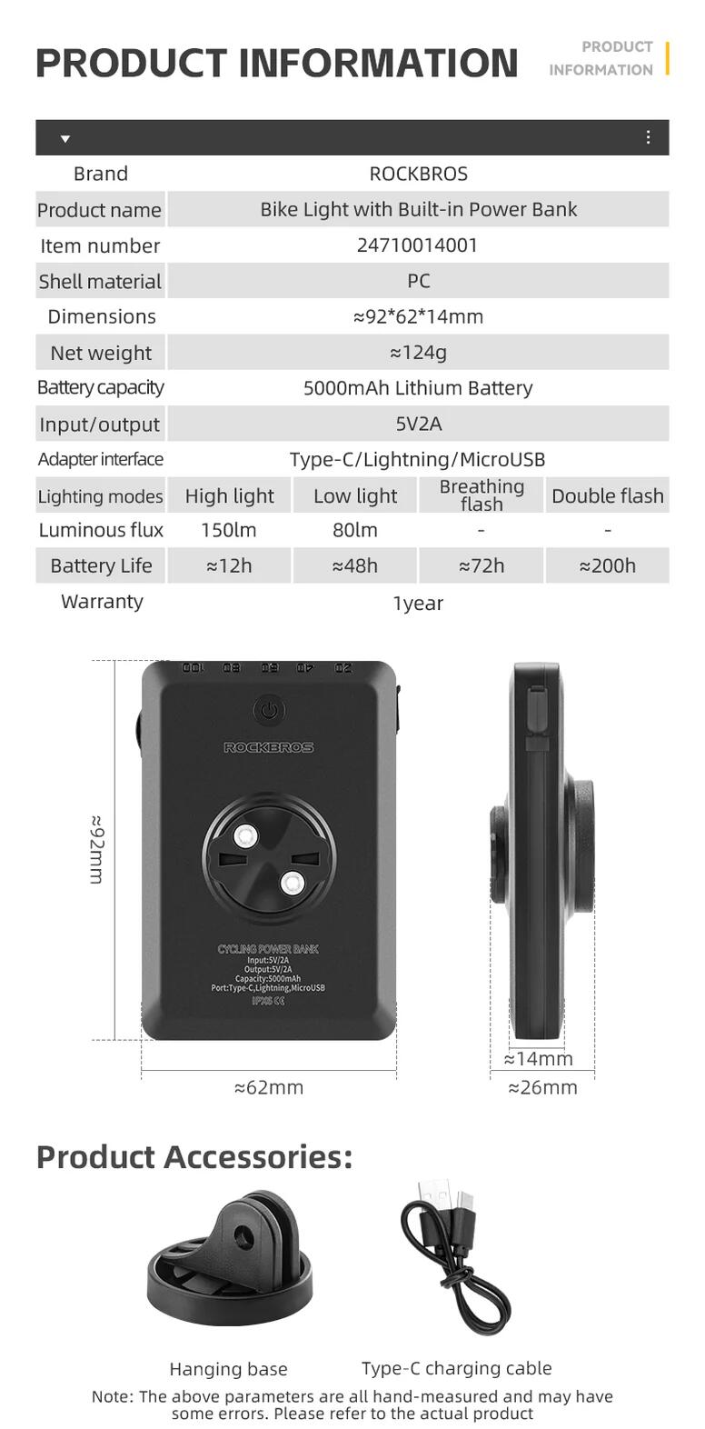 Przednia lampka rowerowa z wbudowanym powerbankiem 10000mAh ROCKBROS JP009 6/7