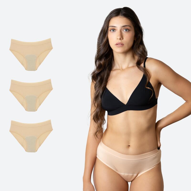Pack 3 cuecas menstruais clássicas bege fluxo pesado ecowoman