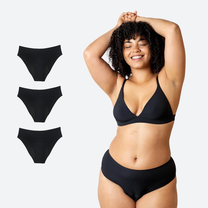 Ecowoman - Lot De 3 Culottes Menstruelles Taille Haute Sans Couture Flux Abondant - Culotte - Bleu|noir - Decathlon