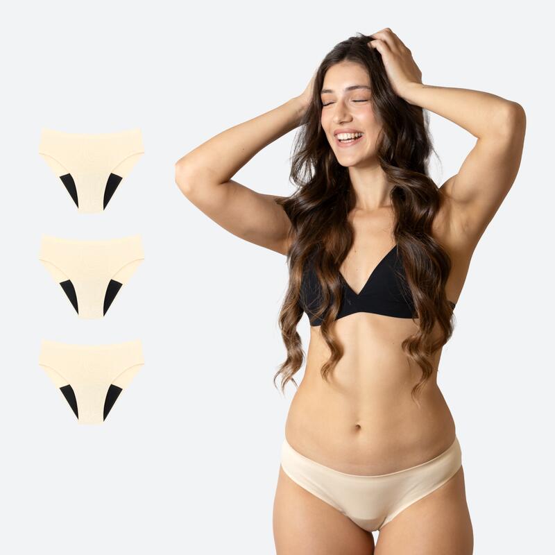 Ecowoman - Lot De 3 Culottes Menstruelles Beiges Sans Couture Flux Fort - Culotte - Beige|noir|vert - Decathlon