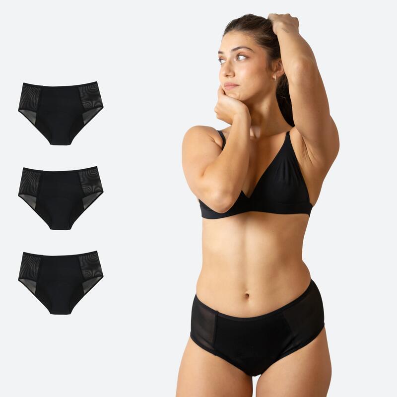 ECOWOMAN Pack 3 Cuecas menstruais cintura alta com transparência Fluxo intenso