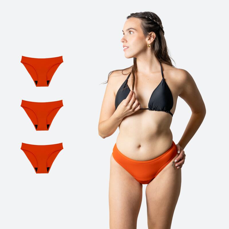 Ecowoman - Lot De 3 Bikini Menstruel Classique Orange Fille Flux Modéré - Bas De Maillot De Bain (bikini) - Noir|orange - Decathlon