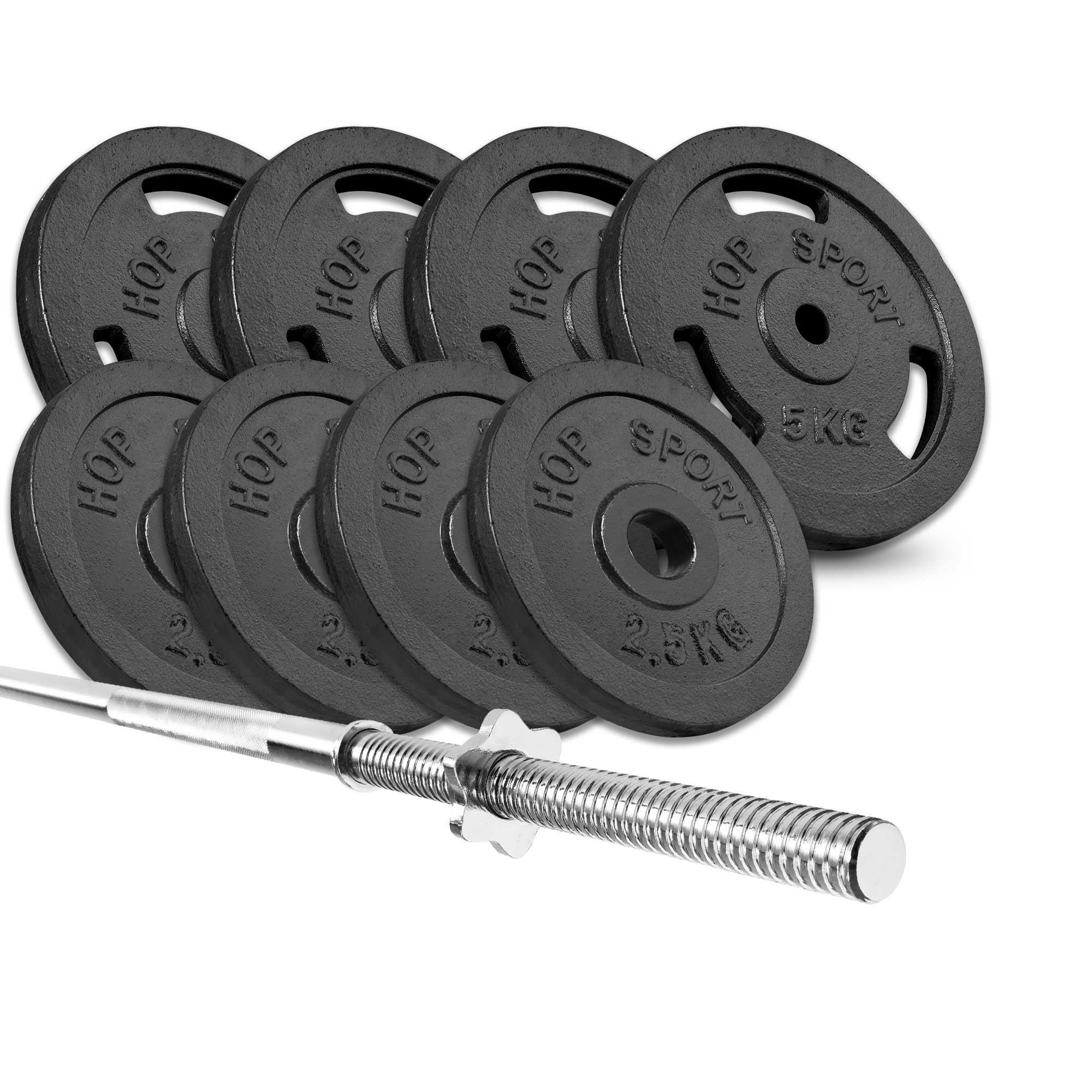 Ensemble de poids en fonte barre Hop-Sport Strong 39kg avec barre droite 7/7