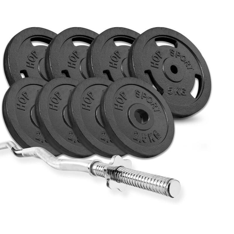 Sada litinových závaží Strong 37kg s ohýbanou tyčí