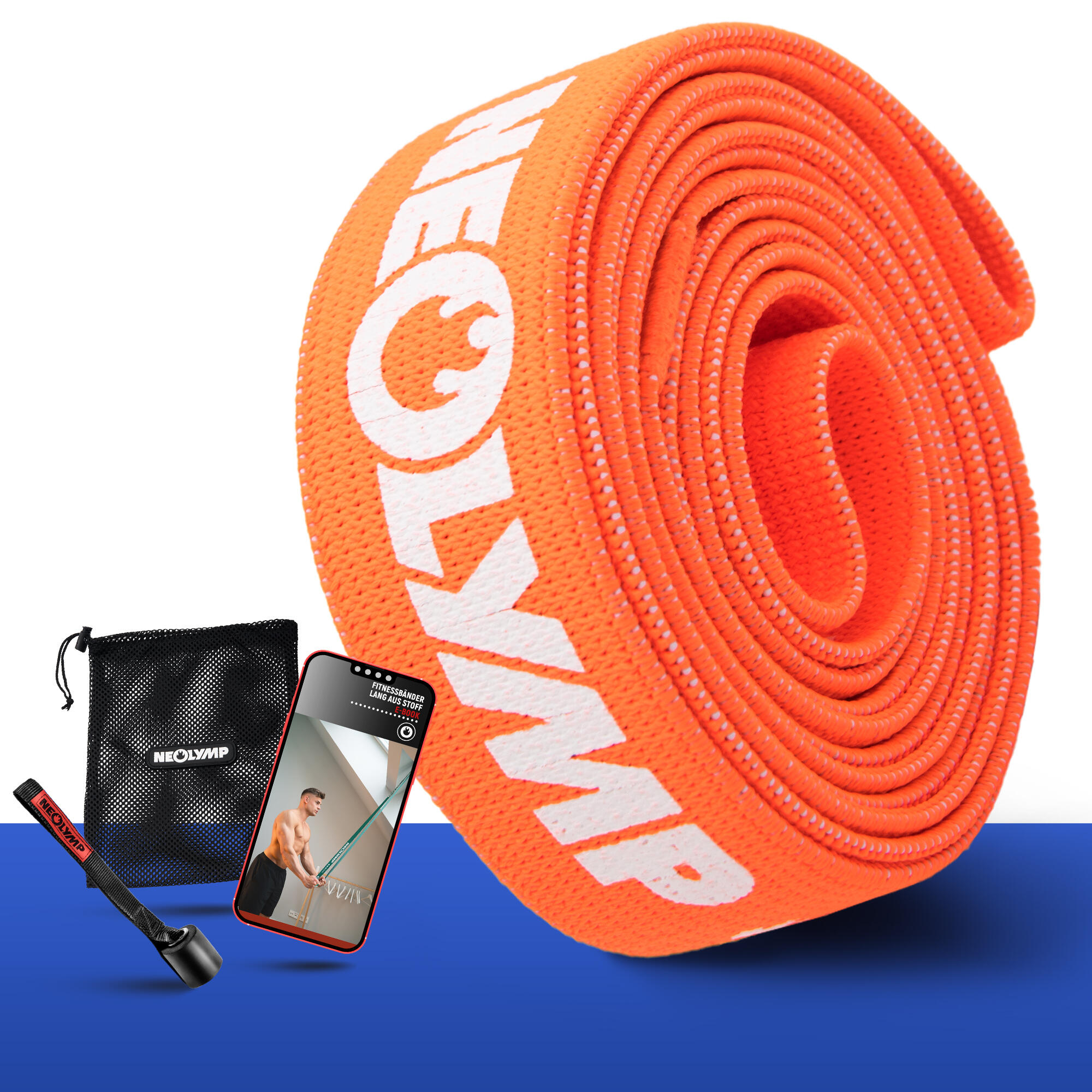 NEOLYMP Fitnessband lang aus Stoff – Widerstandsstufe 2, Traininsbänder mit Tasche