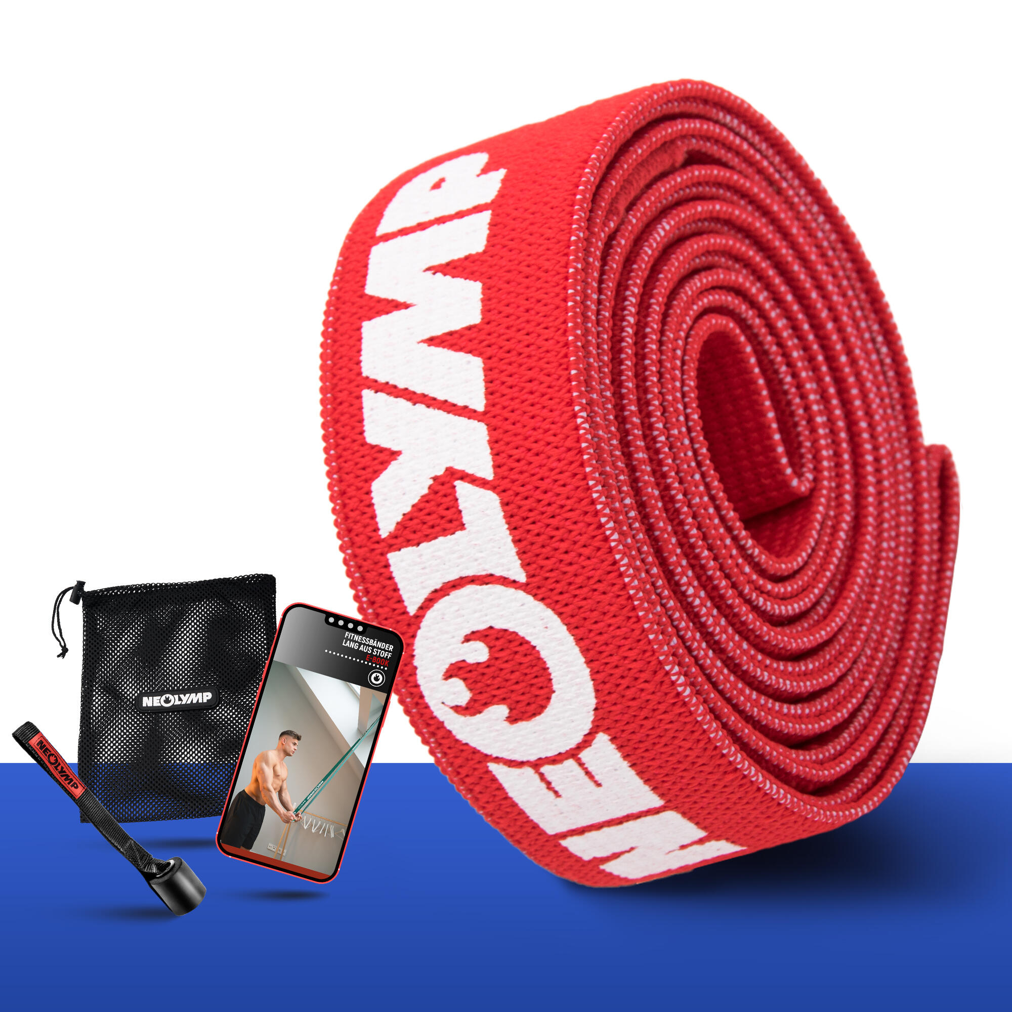 NEOLYMP Fitnessband lang aus Stoff – Widerstandsstufe 1, Traininsbänder mit Tasche