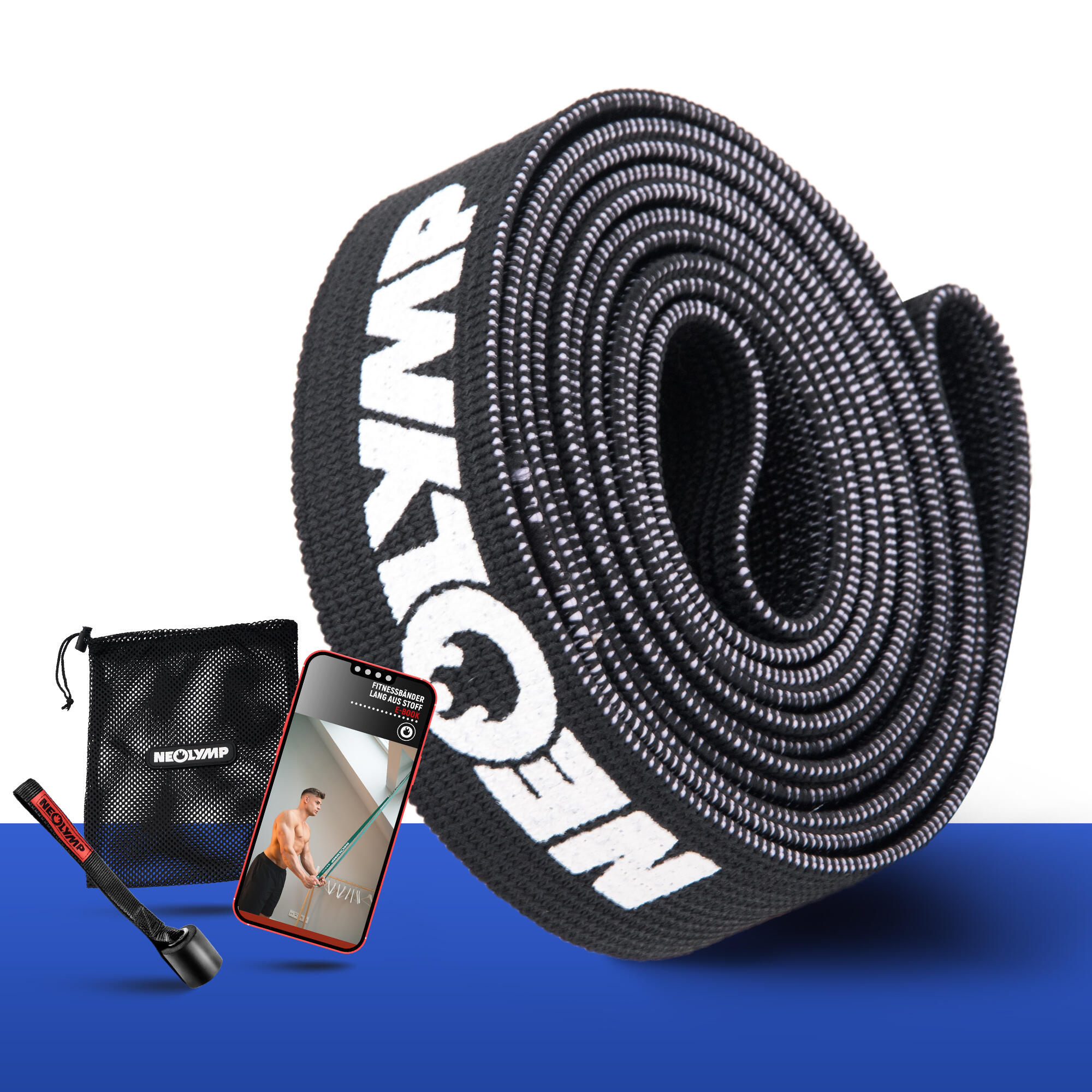 NEOLYMP Fitnessband lang aus Stoff – Widerstandsstufe 5, Traininsbänder mit Tasche