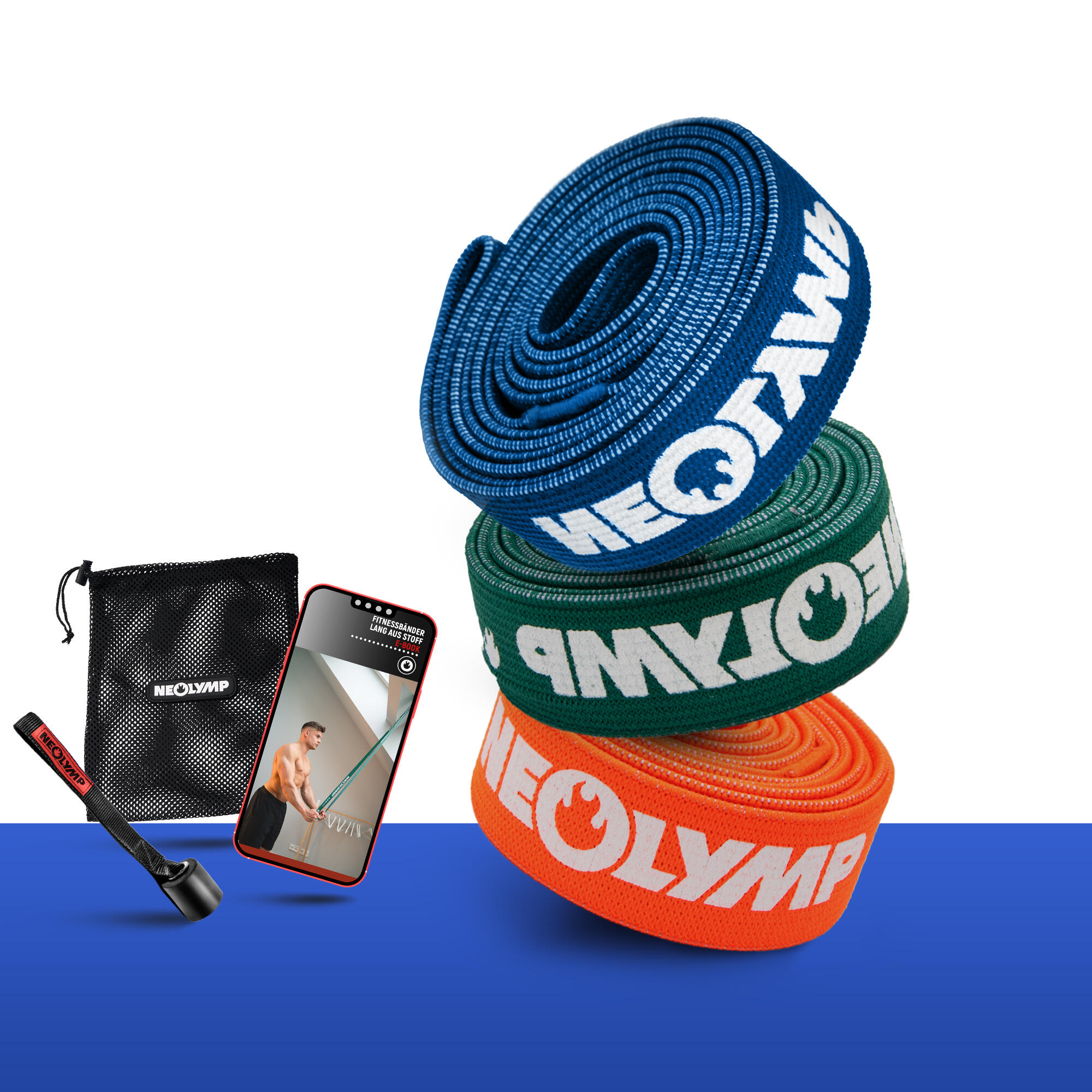 NEOLYMP Sada fitness gumiček z tkaniny – 3 úrovní odporu, Cvičební pásky s taškou