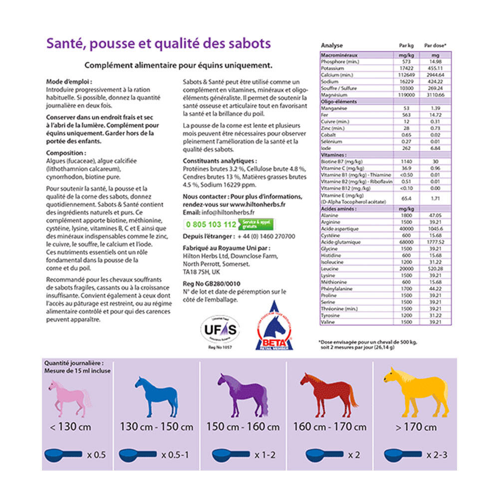 Santé des sabots cheval Sabots & Santé enrichi en biotine Hilton Herbs sac 4Kg 3/4