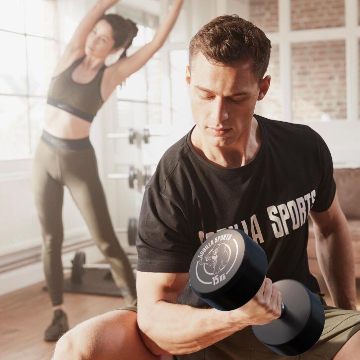 Gorilla Sports - Haltère Monobloc Rond | Musculation | 2 X 15 Kg - Haltère - Blanc|noir - Decathlon