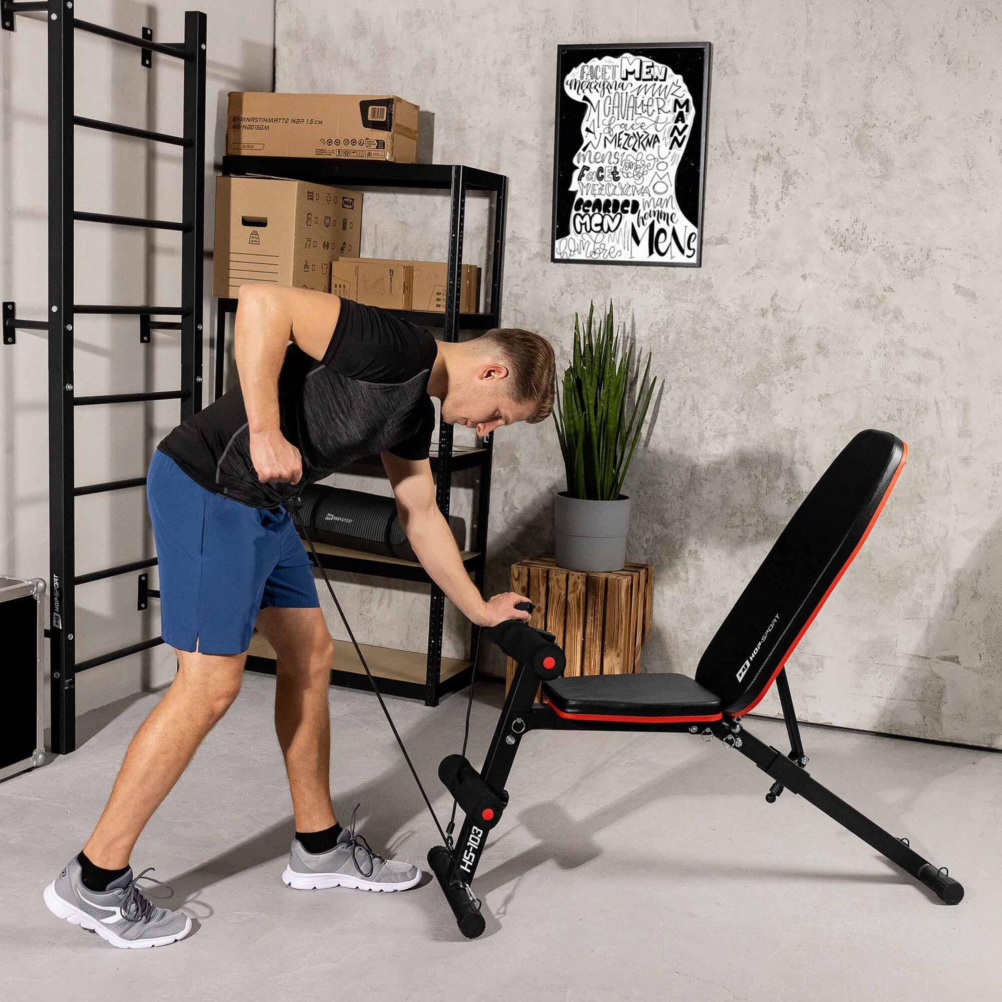Posilovací lavice Hop-Sport s blokádou nohou a expandery 6/7