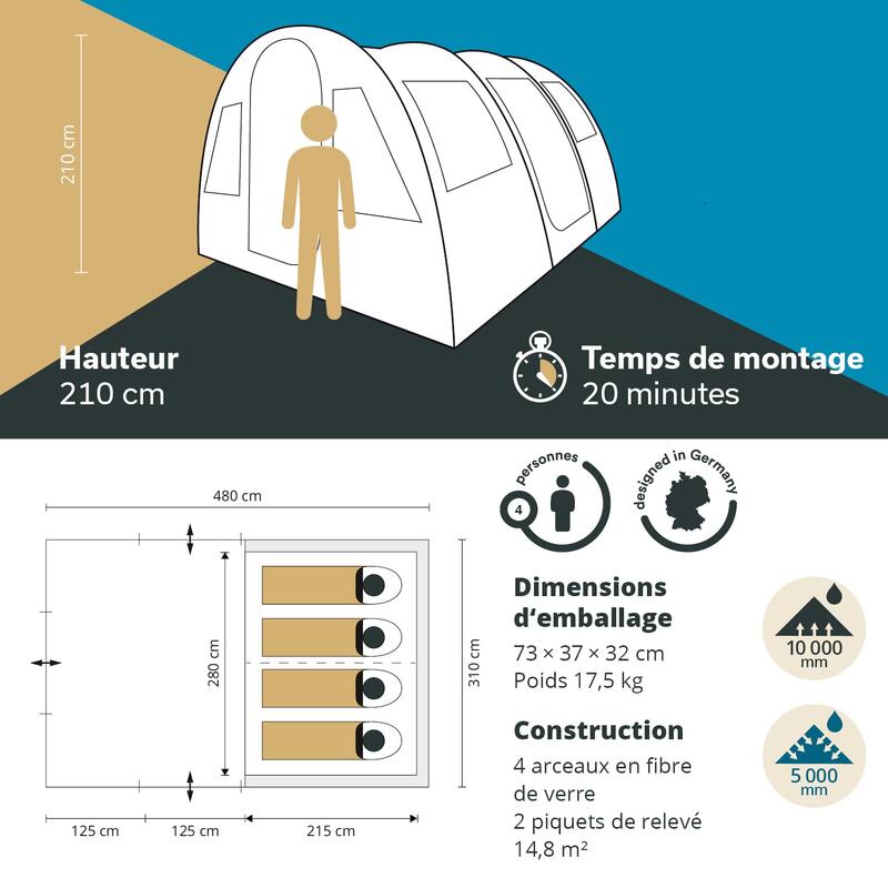 Tente tunnel Gotland 4 Protect - 4 personnes - Cabine sombre - Sol cousu