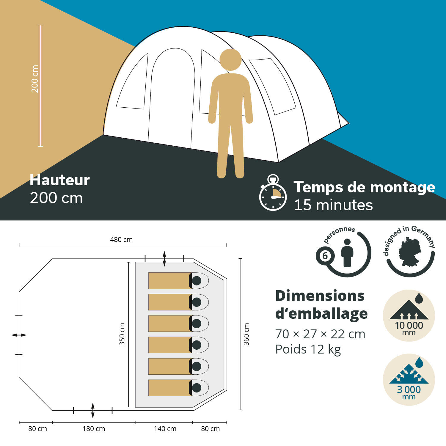 Familie tunneltent Kambo 6 - 6 pers. - 480 x 360 cm - 3 ingangen - Markies 6/7