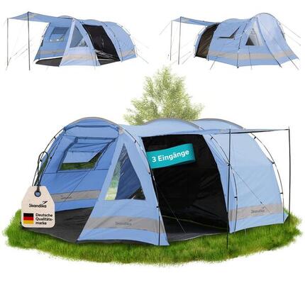 Tunnelzelt Kambo 6 - Camping - für 6 Personen - 2 m Stehhöhe - 3 Eingänge