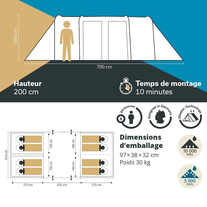 Tente tunnel Montana 8 Sleeper - 8 personnes - 3 cabines sombres - Sol cousu