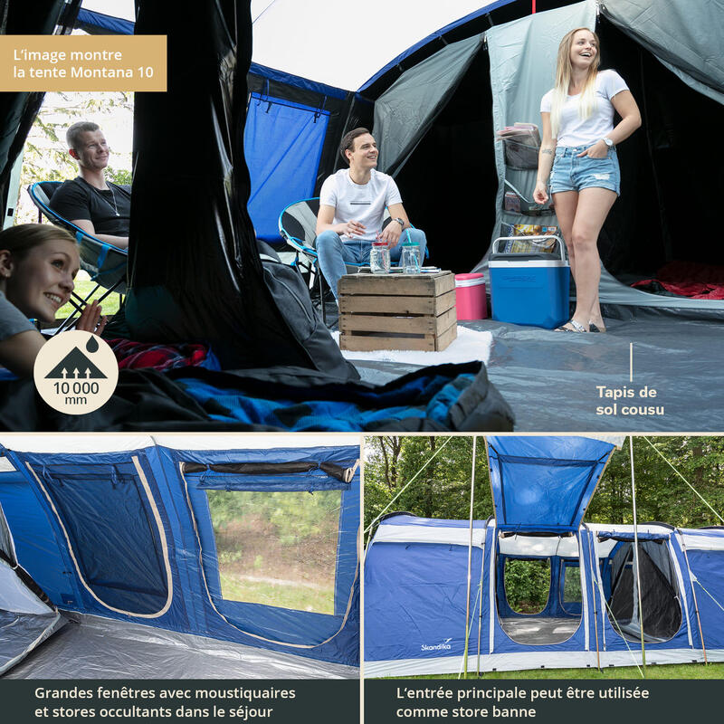 Tente tunnel Montana 8 Sleeper - 8 personnes - 3 cabines sombres - Sol cousu