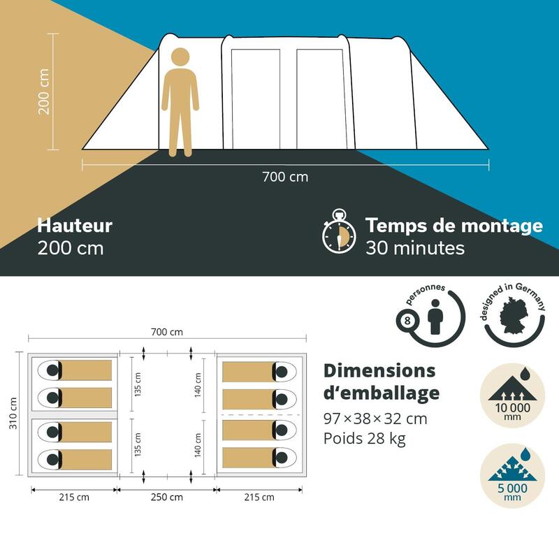 Tente tunnel Montana 8 Sleeper - 8 personnes - 3 cabines sombres - Sol cousu