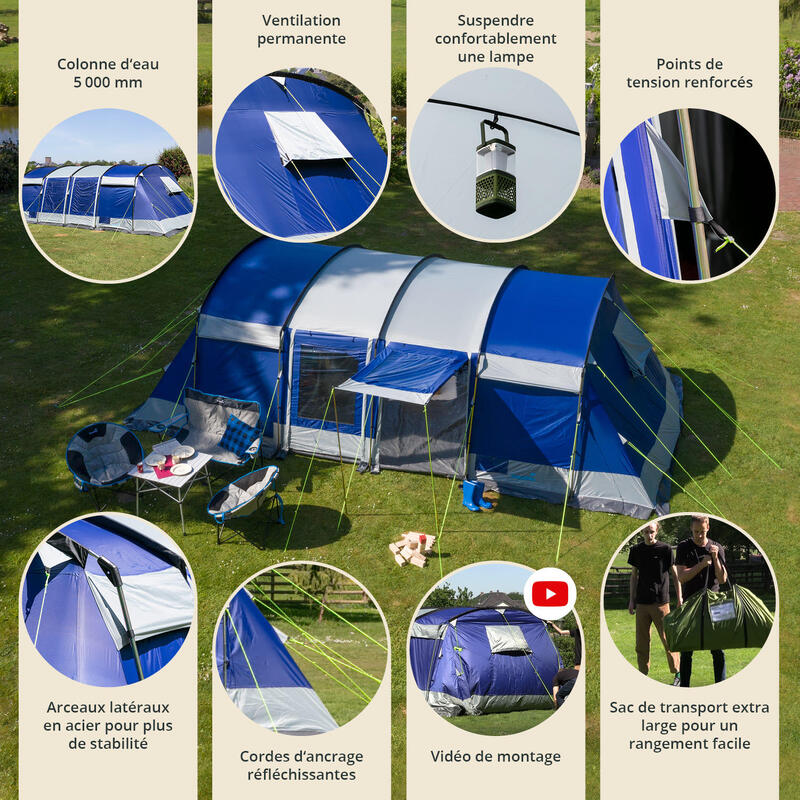 Tente tunnel Montana 8 Sleeper - 8 personnes - 3 cabines sombres - Sol cousu