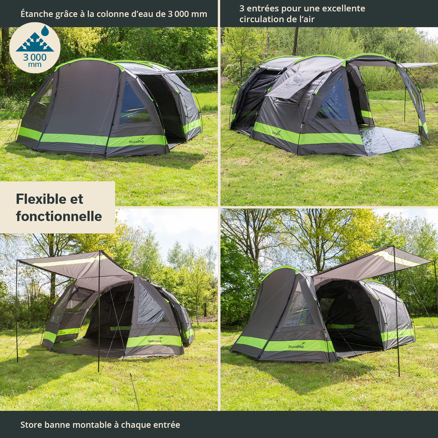 Tente tunnel Kambo 4 - Tente Camping 4 personnes - 1 cabine sombre - 3 entrées 2/9