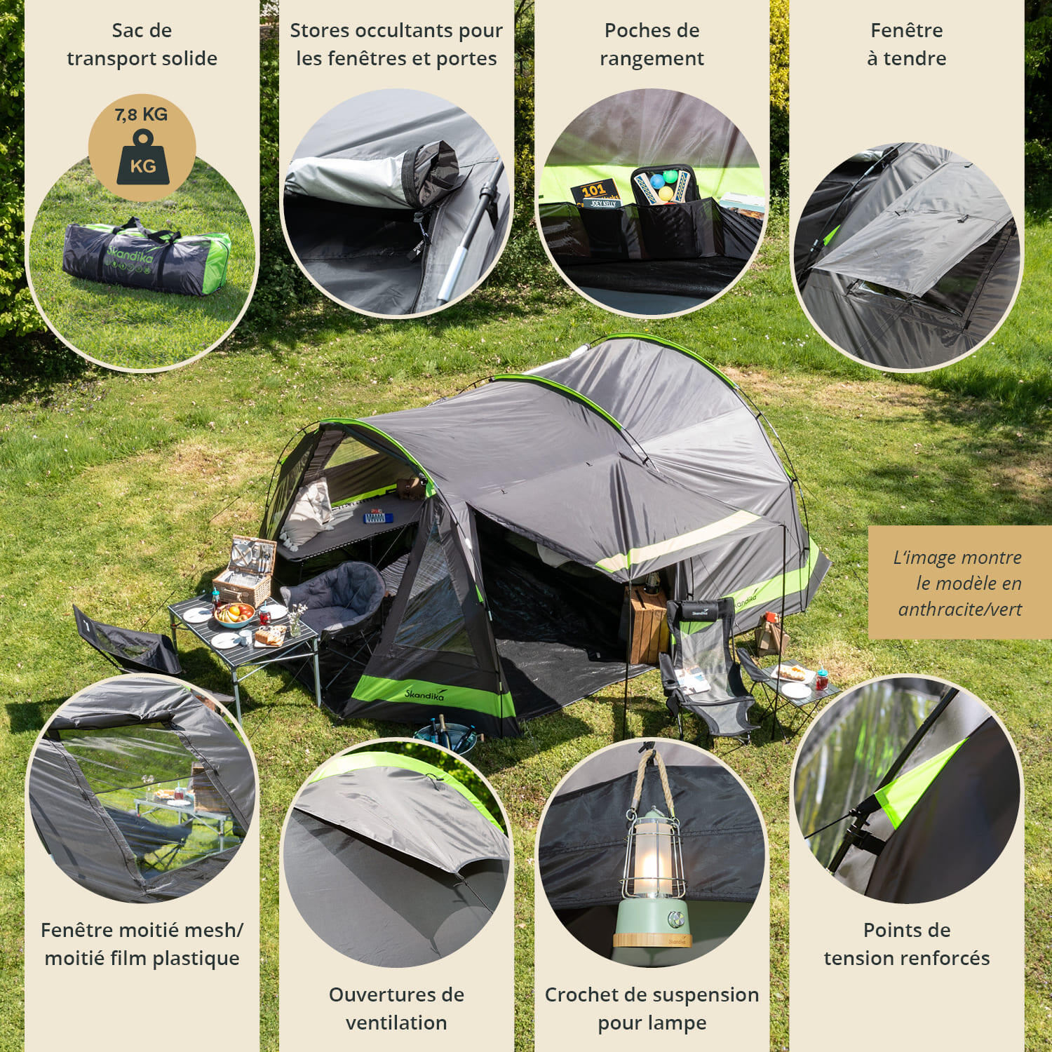 Tente tunnel Kambo 4 - Tente Camping 4 personnes - 1 cabine sombre - 3 entrées 5/9
