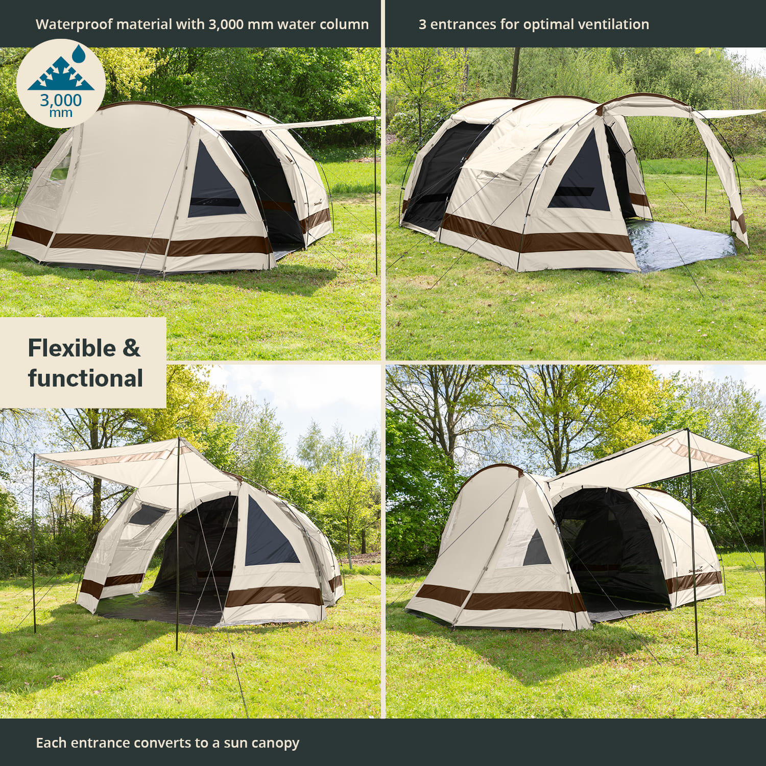 Tente tunnel Kambo 4 - Tente Camping 4 personnes - 1 cabine sombre - 3 entrées 2/9
